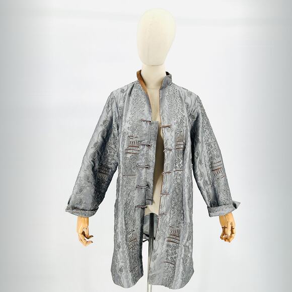 Vintage 90s Shanghai Soho Silver Embroidered Silk Frog Button Coat Jacket - Picture 1 of 9